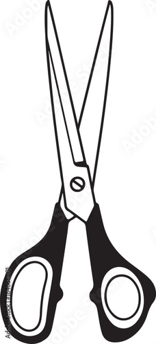 Black and white of open scissors with black handles and silver pivot on transparent background cutting