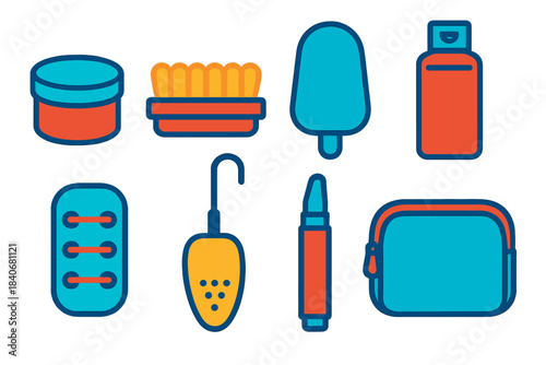 Shoe Care Essentials. Footwear care kit flat set: polish cream, bristle brush, buff mitt, edge dressing bottle, lace keeper, shoe shaper, stain remover pen, travel pouch.