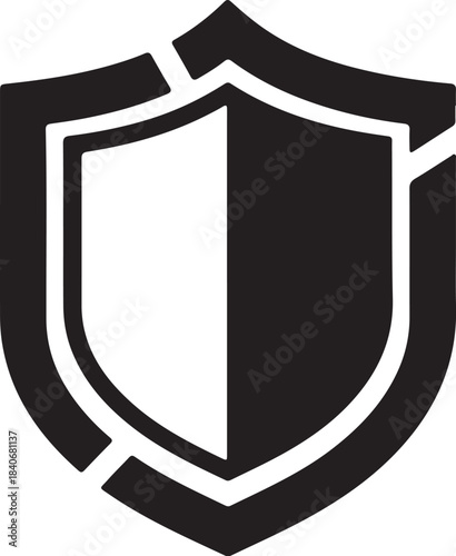 Black and white shield emblem with segmented outer layer and divided inner shield on transparent background