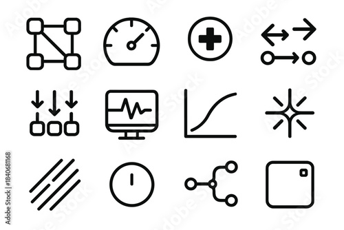 Network Stability Icons. Network Reliability Symbols linear set: connected grid, stability gauge, health alert, routing arrows, load distribution icon, diagnostic panel, resilience