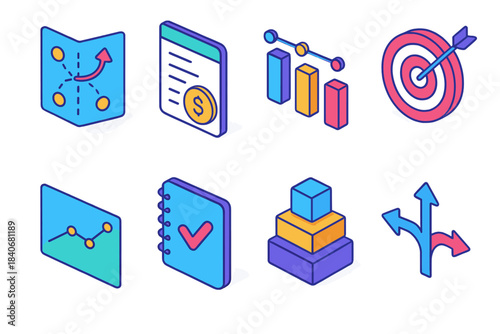 Business Planning Icons. Business Planning Set isometric flat set: strategy map, budget sheet, timeline bar, target bullseye, market chart, planning notebook, resource stack,