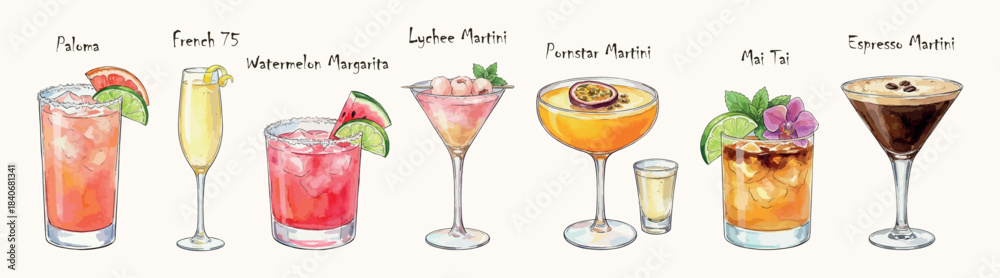 Naklejka premium Elegant trendy cocktails set - watercolor vector illustrations isolated