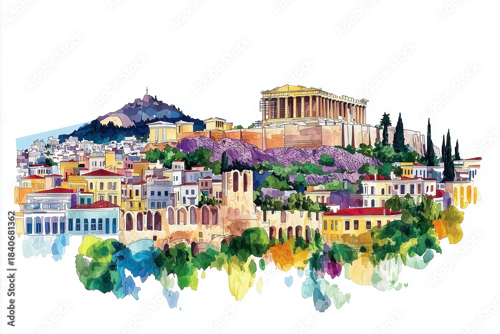 Obraz premium Watercolor illustration of colorful Athens city with ancient ruins, rooftops, Acropolis hill and blue sky