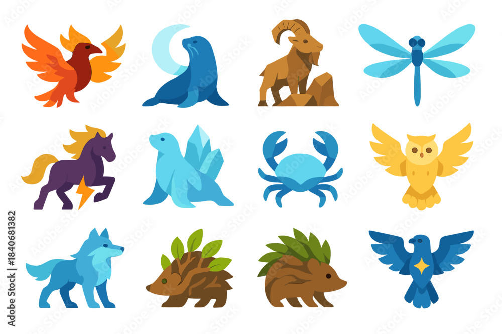 Obraz premium Mythic Beast Icons. Mythic Element Beasts isometric flat set: fire-wing raven, moon tide seal, cliff rock goat, sky current dragonfly, thunder hoof horse, glacial seal, ember snake