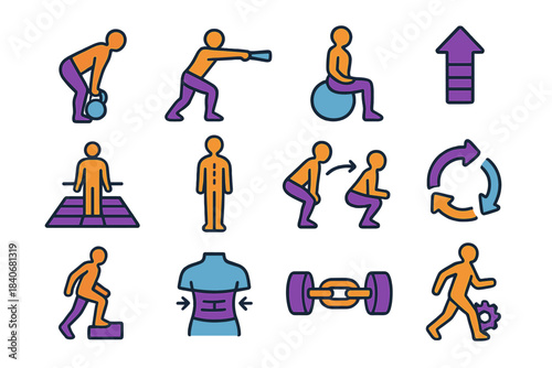 Functional Mobility Icons. Functional Mobility Training isometric flat set: kettlebell hinge icon, resistance band stretch, stability ball figure, controlled tempo arrow,