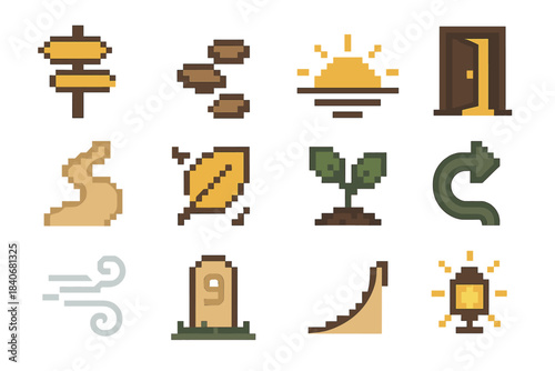 Life Transition Icons. Life Transition pixel style set: crossroads sign, stepping stones, rising sun, open door, shifting path, falling leaf, renewal sprout, turning point arrow,