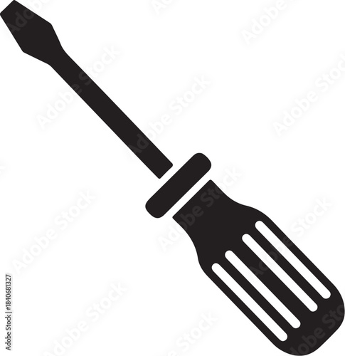 Black silhouette of a flathead screwdriver with a ribbed handle on a white background on transparent background