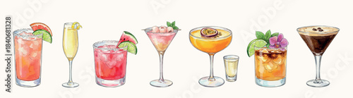 Elegant trendy cocktails set - watercolor vector illustrations isolated