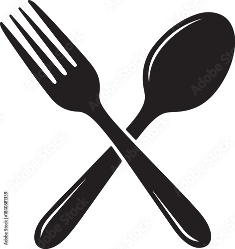 Black silhouette of a fork and spoon crossed on a white background on transparent background cutlery