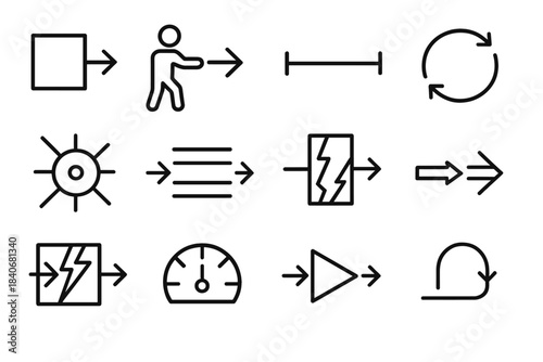 Dynamic Motion Icons. Counteracting Motion Patterns linear set: push tile, pull node, resistance bar, counteraction ring, tension patch dot, movement stripe, conflict panel,