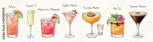 Elegant trendy cocktails set - watercolor vector illustrations isolated