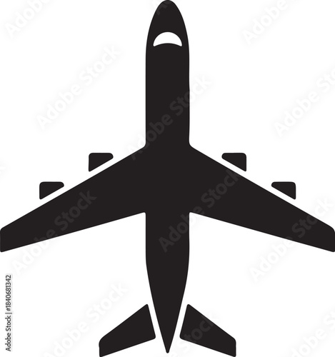 Black silhouette of a jet airplane viewed from directly above with wings extended and tail fins visible on transparent background