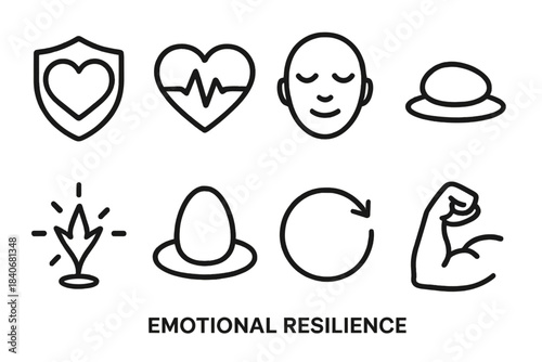 Icons of Resilience. Emotional Resilience linear set: heart shield, steady pulse, calm face, grounding stone, rising spark, stability ring, recovery arrow, strength symbol.