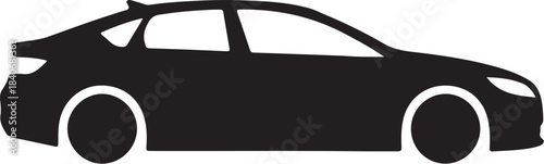 Black silhouette of a modern sedan car viewed from the side with white background on transparent background
