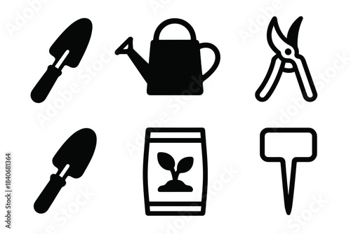 Gardening Tools Icons. Home Cultivation Tools linear set: hand trowel, watering can, pruning shears, soil scoop, seed packet, plant marker.