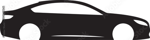 Black silhouette of a modern sedan car viewed from the side with white wheels and headlights on transparent background