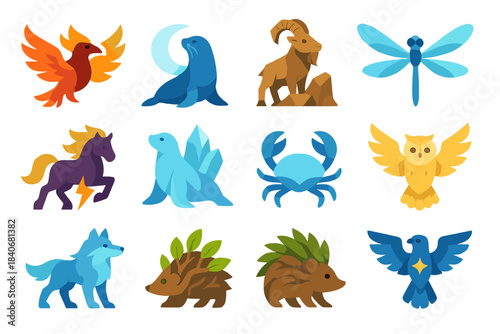 Mythic Beast Icons. Mythic Element Beasts isometric flat set: fire-wing raven, moon tide seal, cliff rock goat, sky current dragonfly, thunder hoof horse, glacial seal, ember snake