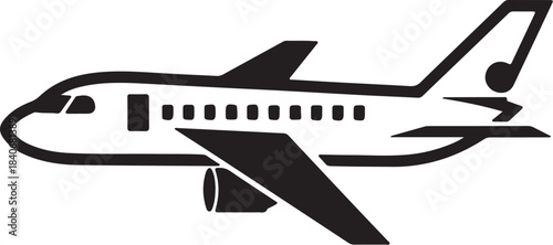 Black silhouette of a passenger airplane with a musical note on its tail fin on transparent background