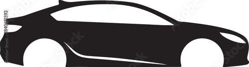 Black silhouette of a modern sports car side profile with white wheel arches and window outlines on transparent background