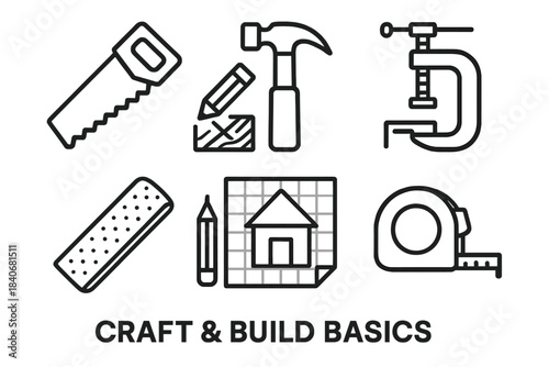 Basic Craft Tools. Craft & Build Basics linear set: hand saw, hammer, pencil mark, wood block, clamp tool, sanding strip, project blueprint, measuring tape. .
