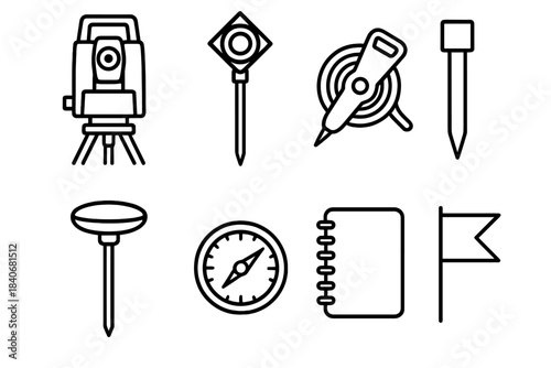 Survey Equipment Icons. Land Survey Equipment Set linear set: total station, prism pole, tape reel, stake marker, GPS receiver icon, angle meter, field notebook, boundary flag.