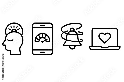 Tech Wellness Icons. Full-Spectrum Tech Wellbeing linear set: mindful-use ring, app-usage arc, break-reminder coil.