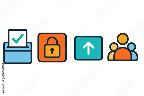 Modern Voting Icons. Open Participation Protocols flat set: transparent vote marker, secure submit tile, community quorum bar.
