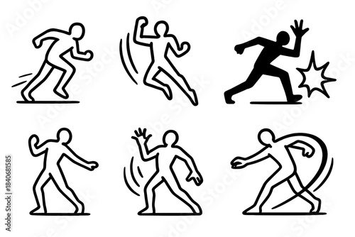 Dynamic Motion Icons. Character Motion Dynamics linear set: action sweep line, energetic pose, momentum streak, expressive silhouette, impact flare, exaggerated gesture icon,