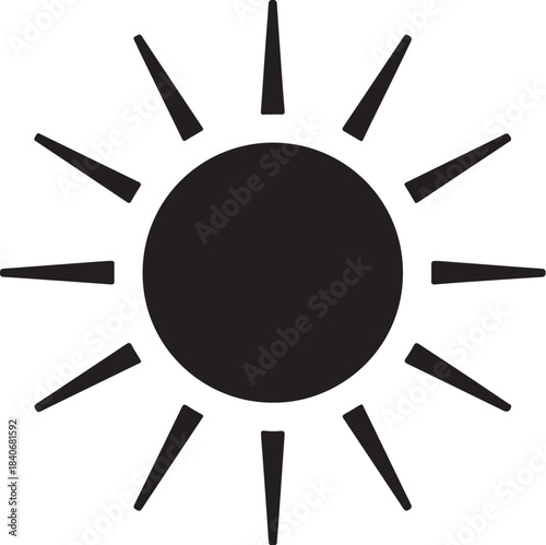 Black sun symbol with radiating triangular rays on a white background on transparent background solar