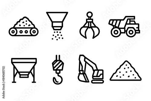 Industrial Equipment Icons. Mining and Construction Material Handling linear set: conveyor belt, loading chute, gravel bucket, haul bin, transfer hopper, lifting hook, loader scoop