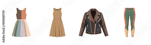 Fashion illustration: women's dresses, jacket, and leggings
