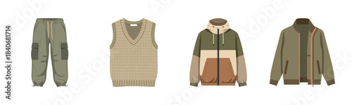 Stylish outdoor apparel: cargo pants, knit vest, hoodie, and bomber jacket in earth tones