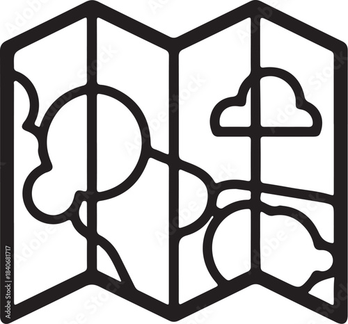 Stylized black line of a folded map with abstract landmasses and cloud shapes on transparent background