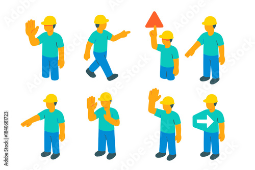 Emergency Hand Signal Icons. Emergency hand signals set isometric flat set: stop motion, follow-me gesture, danger point, calm-down hand, redirect sweep, hold position cue, alert