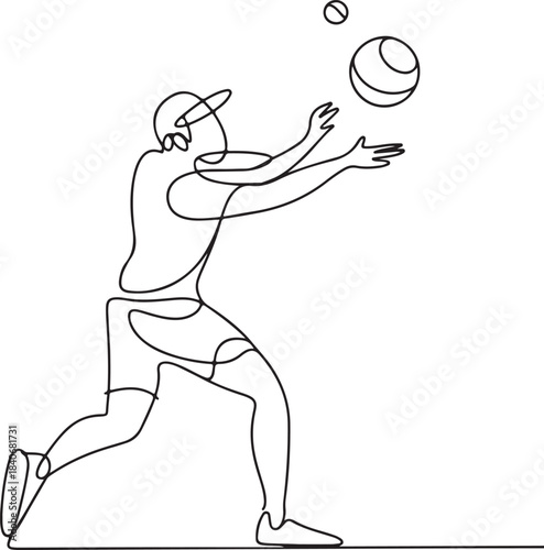 Continuous line art illustration of a player reacting fast to an unexpected ball in minimal contour drawing