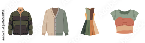 Casual fashion collection: coat, cardigan, mixed-color dress, crop top