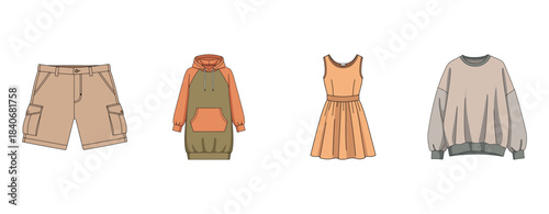 Collection of casual clothing items featuring shorts, hoodie, dress, and sweater