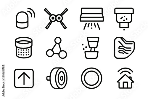 Debris Collection Icons. Automated Debris Collection linear set: proximity sensor bubble, dual-brush module, intake nozzle plate, particulate filter pod, route-planning node,