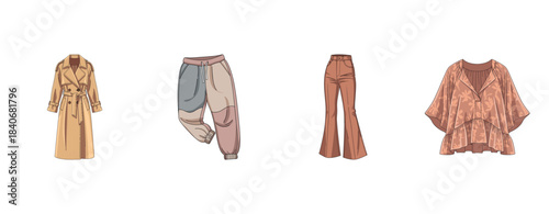 Fashionable clothing collection: trench coat, joggers, flared pants, floral blouse