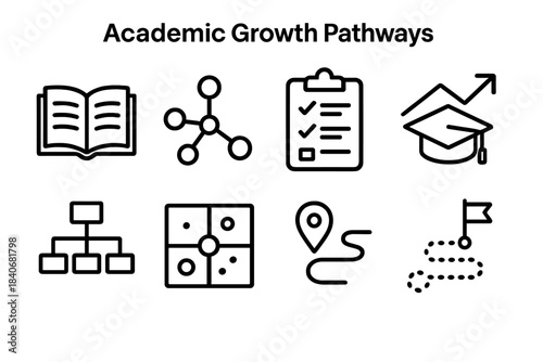 Academic Icons Design. Academic Growth Pathways linear set: textbook icon, research nodes, study plan sheet, graduation arrow, concept map, analysis grid, milestone marker,