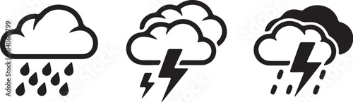 Three weather showing rain lightning and storm clouds in black and white on transparent background