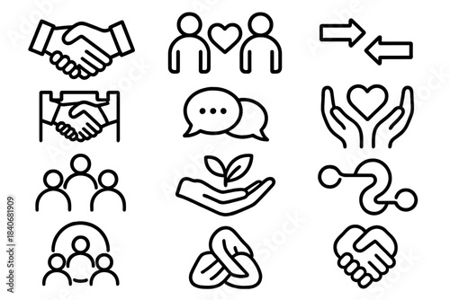 Symbols of Unity. Relationship Building Set linear set: handshake icon, shared heart, connection arrows, trust bridge, conversation bubbles, empathy hands, supportive circle,
