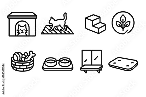 Pet-Friendly Design Icons. Pet-Friendly Home Design linear set: cozy pet nook, scratch-resistant rug, low-height bed step, safe plant icon, toy basket, feeding station, window