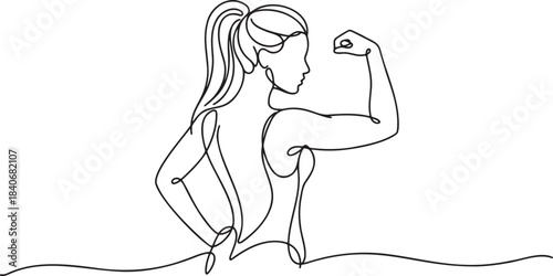 Continuous line drawing of a strong fitness woman flexing her bicep isolated demonstrating power and confidence