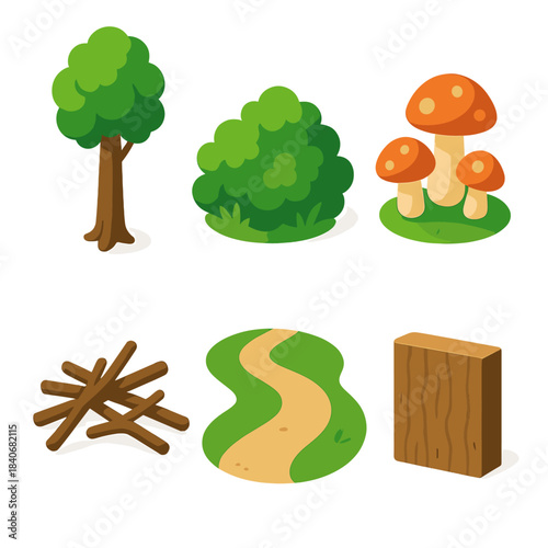 Isometric Forest Icons. Forest Habitat Set isometric flat set: tall tree trunk, underbrush cluster, mushroom group, twig pile, shaded path, bark texture.