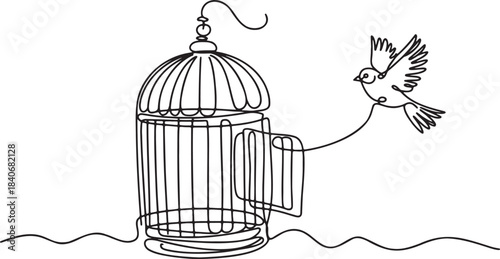 Continuous line drawing of bird flying away from open birdcage freedom concept vector illustration