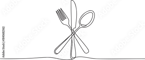 Continuous line drawing of fork knife and spoon cutlery setting crossed together minimalist restaurant banner