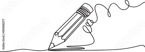 Continuous line drawing of pencil writing on paper minimal stationery concept for education and art