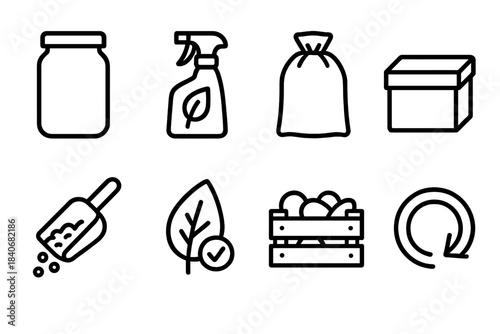 Eco-Friendly Shopping Icons. Sustainable Purchase Choices linear set: reusable jar, plant-based cleaner, fabric pouch, plastic-free box, bulk grain scoop, eco leaf label, produce