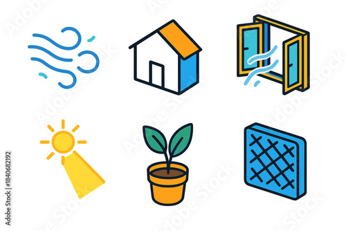 Modern Air Icons. Clean Air & Space isometric flat set: fresh breeze lines, house outline, open window, air filter grid, sunlight beam, green plant pot.
